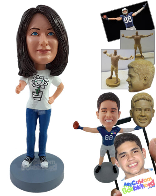 Nice gal wearing a cool t-shirt, jeans, and classic shoes Personalized Bobblehead