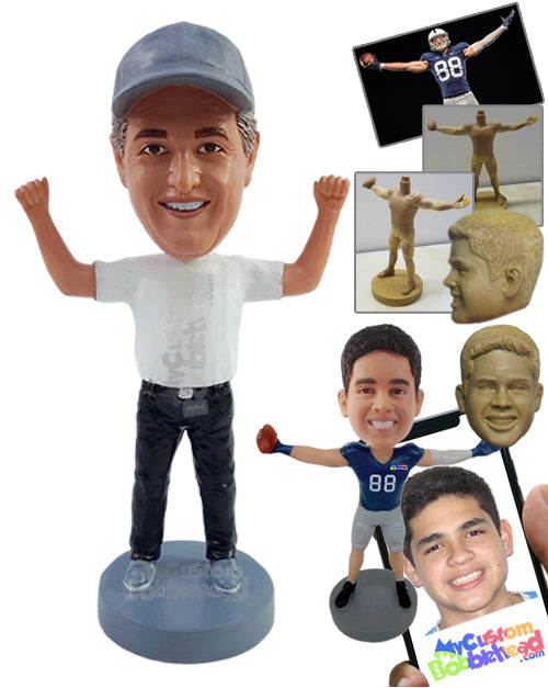 Cheery Man with Both Hands Up Having a Wonderful Day Personalized Bobblehead