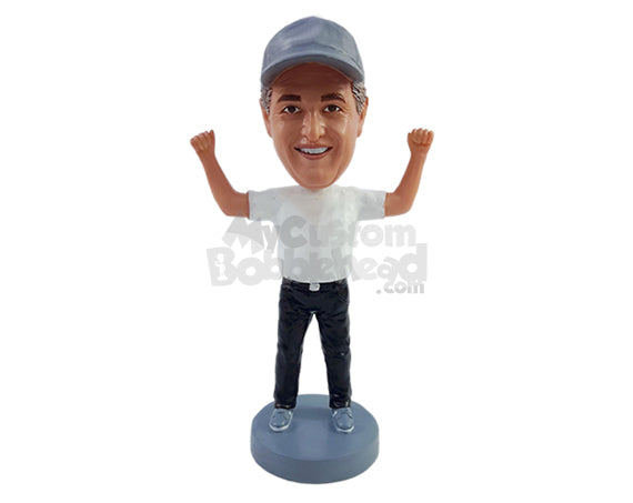 Cheery Man with Both Hands Up Having a Wonderful Day Personalized Bobblehead