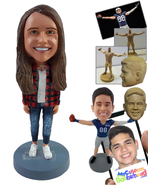 Casual Girl in Jeans and Open Long Sleeve Shirt with Nice Shoes Personalized Bobblehead