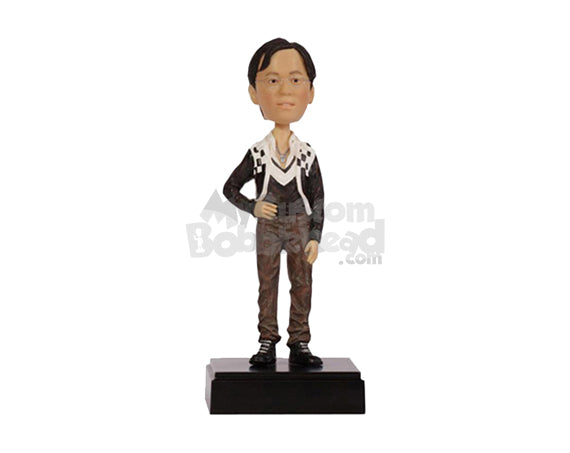 Custom Bobblehead Slim Dude With Stylish Jacket Posing With One Hand On Waist - Leisure & Casual Casual Males Personalized Bobblehead & Cake Topper