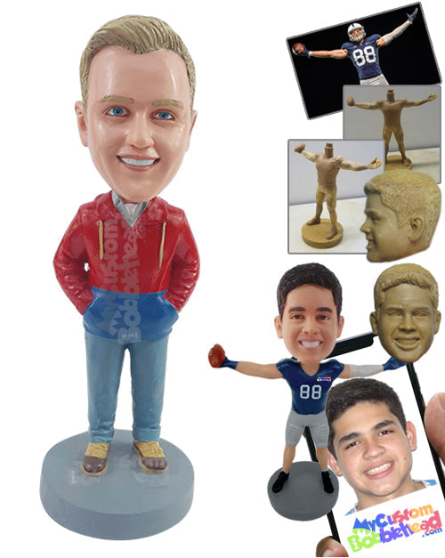 Charming Dude Wearing a Zip-Up Sweatshirt with Jeans and Work Boots with Both Hands Inside Pockets Personalized Bobblehead