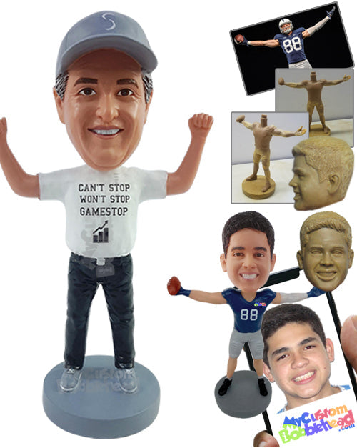 Joyful Winner with Raised Arms in T-shirt and Jeans Personalized Bobblehead