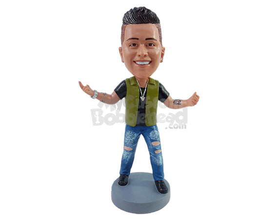 Custom Bobblehead Rocking cool dude wearing black t-shirt and ripped jeans and vest with arms out in funny gesture - Leisure & Casual Casual Males Personalized Bobblehead & Action Figure