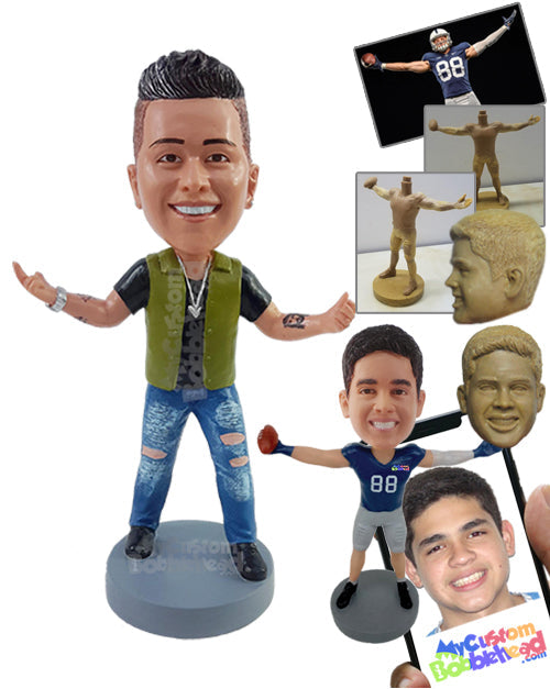 Rocking cool dude wearing a black t-shirt, ripped jeans, and vest, arms out in a funny gesture Personalized Bobblehead