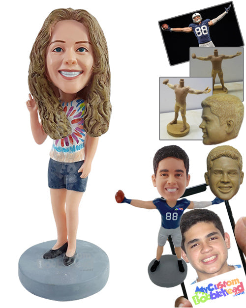 Shy girl making a peace sign with one hand, wearing t-shirt and shorts Personalized Bobblehead