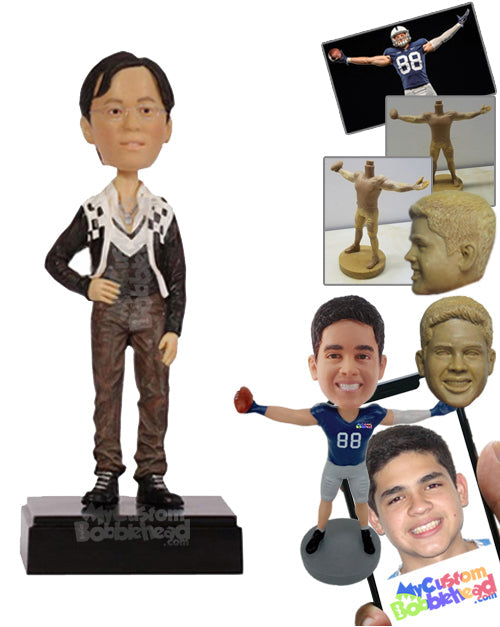 Slim Dude with Stylish Jacket Posing with One Hand on Waist Personalized Bobblehead