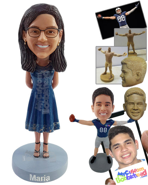 Casual Girl Wearing Nice Dress with Nice Heels with Arms on the Back Personalized Bobblehead