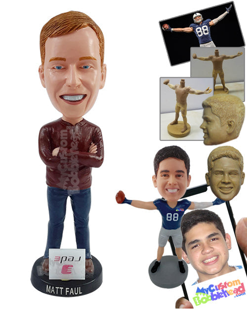 Happy Dude with Crossed Arms, Wearing Long Sleeve T-shirt and Jeans Personalized Bobblehead