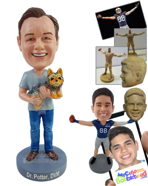 Happy Man Carrying His Loving Dog, Wearing V-neck T-shirt with Jeans and Shoes Personalized Bobblehead