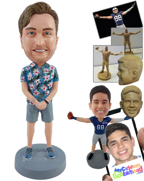 Casual Dude with Hand in Front Wearing a Hawaiian Shirt and Shorts Personalized Bobblehead