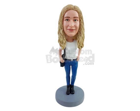 Custom Bobblehead Nicely dressed woman with shoulder bag on the side and one hand on hip - Leisure & Casual Casual Females Personalized Bobblehead & Action Figure