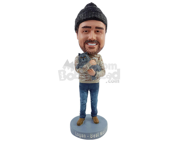 Custom Bobblehead Cat lover bro wearing nce sweater jeans and loafers holding his cat - Leisure & Casual Casual Males Personalized Bobblehead & Action Figure