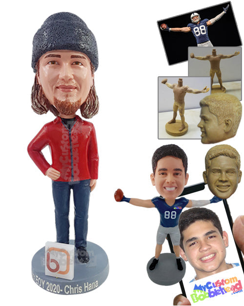 Male wearing a zip-up sweatshirt with one hand on hip Personalized Bobblehead