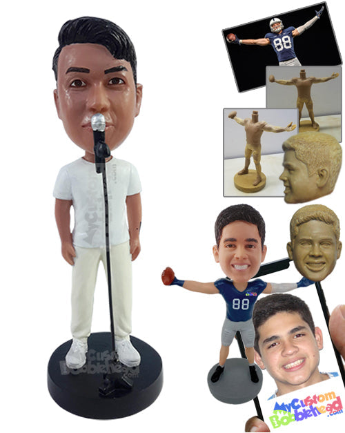 Casual Guy Singing with on a Mic Stand Wearing Clean T-Shirt, Sweatpants, and Sneakers Personalized Bobblehead