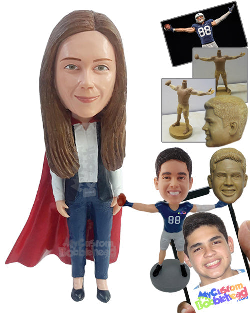 Casual Woman Wearing Blouse with a Vest and a Cape on the Back on Heels Personalized Bobblehead