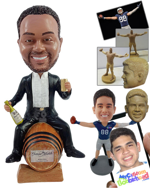 Sommelier tasting a delicious drink atop a barrel, wearing a nice suit Personalized Bobblehead