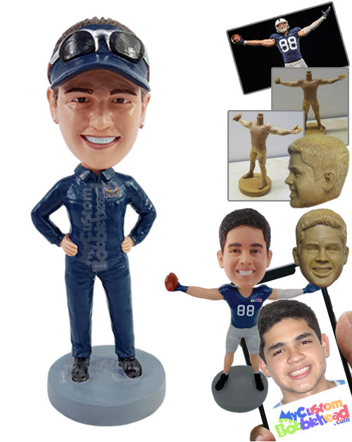 Racer wearing a uniform, hands on hips in a ready-to-win pose Personalized Bobblehead