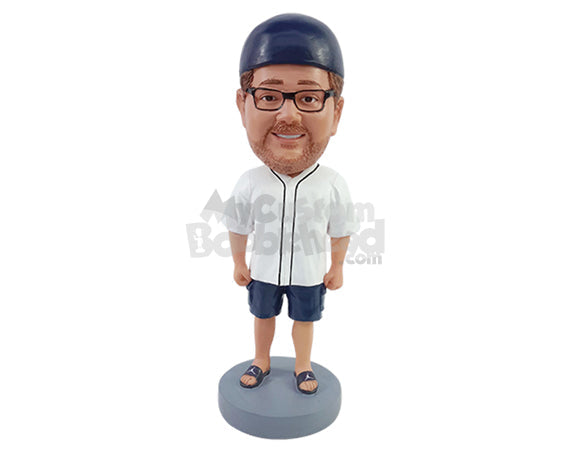 Baseball Fan Wearing His Favorite Jersey with Shorts and Slide-In Sandals Personalized Bobblehead