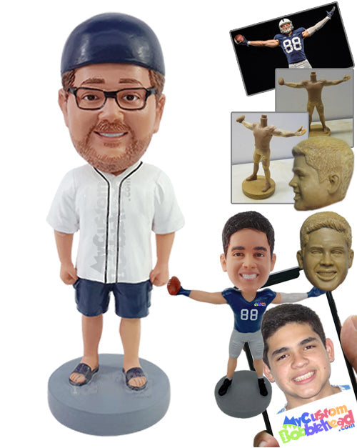 Baseball Fan Wearing His Favorite Jersey with Shorts and Slide-In Sandals Personalized Bobblehead