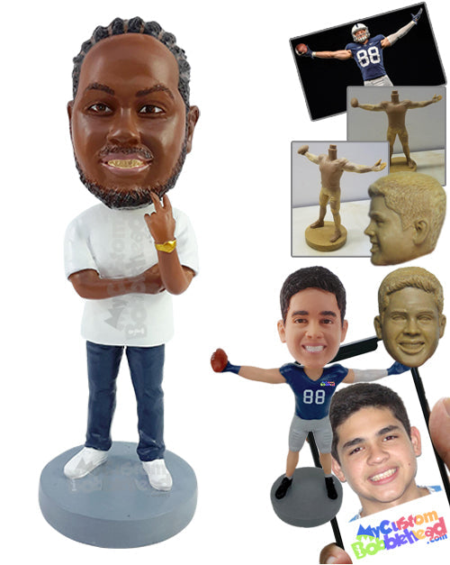 Gangster Dude Making a Peace Sign with One Hand and the Other Crossed, Wearing a T-shirt Personalized Bobblehead