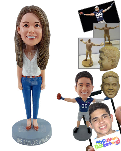 Office girl wearing a nice blouse, classy capri pants, and low heels Personalized Bobblehead