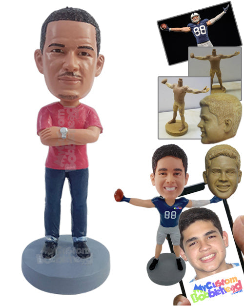 Serious man with arms crossed, wearing a simple t-shirt and watch Personalized Bobblehead