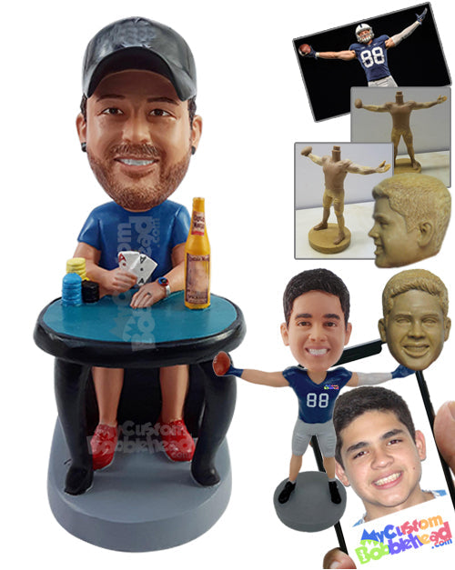 Casual Dude Playing Poker and Having a Nice Beer in T-Shirt, Shorts, and Nice Shoes Personalized Bobblehead