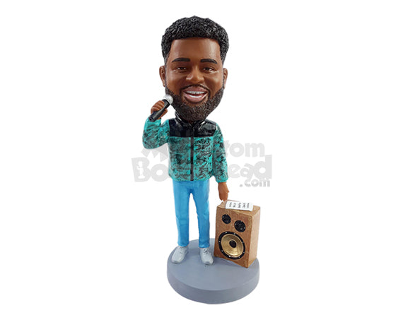 Custom Bobblehead Fashionable Singer wearing nice jacket and cools pants with a sound box and a mic - Leisure & Casual Casual Males Personalized Bobblehead & Action Figure