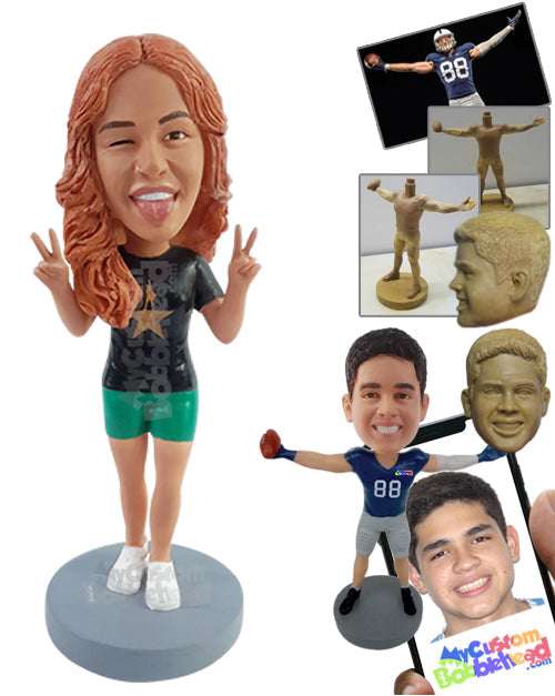 Cool Gal Making Peace Sign with Both Hands Wearing T-Shirt and Shorts Personalized Bobblehead