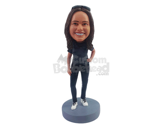 Casual Chick Posing Sexy with Hand on Hip in T-Shirt and Jeans Personalized Bobblehead