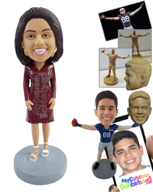 Office woman wearing a nice knee-length dress and high sandals Personalized Bobblehead