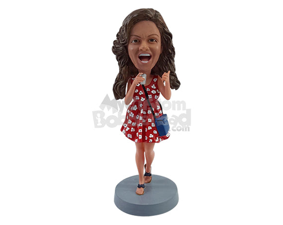 Custom Bobblehead Excited young lady wearing beautiful summer dress with a side shoulder bag having a good beer - Leisure & Casual Casual Females Personalized Bobblehead & Action Figure