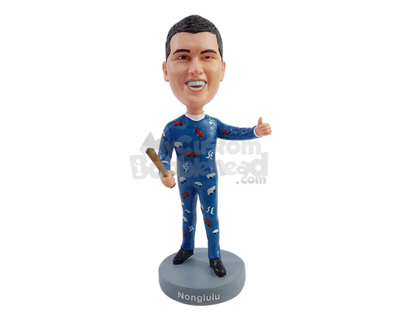 Custom Bobblehead Crazy dude wearing a funny pijama with a club/bat givng a thumb up - Leisure & Casual Casual Males Personalized Bobblehead & Action Figure