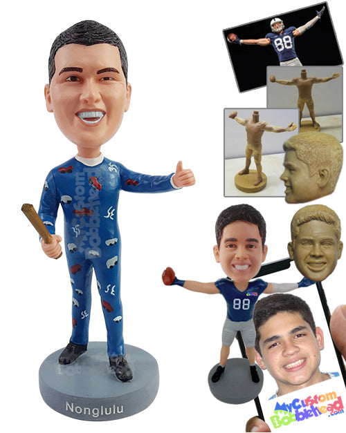 Crazy Dude Wearing a Funny Pajama with a Club/Bat Giving a Thumb Up Personalized Bobblehead