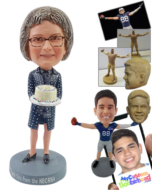 Aunty Bringing the Birthday Cake to the Party Wearing an Exuberant Dress Personalized Bobblehead