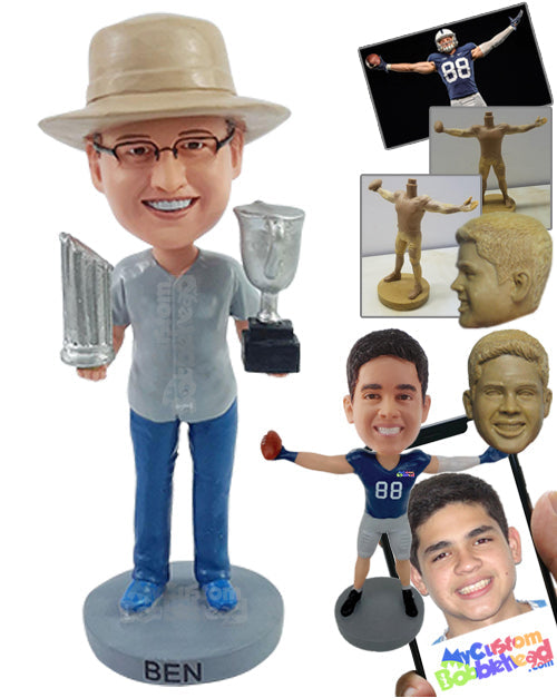 Award Winner Guy Holding 2 Trophies Proud of Himself Wearing a Jersey and Jeans Personalized Bobblehead