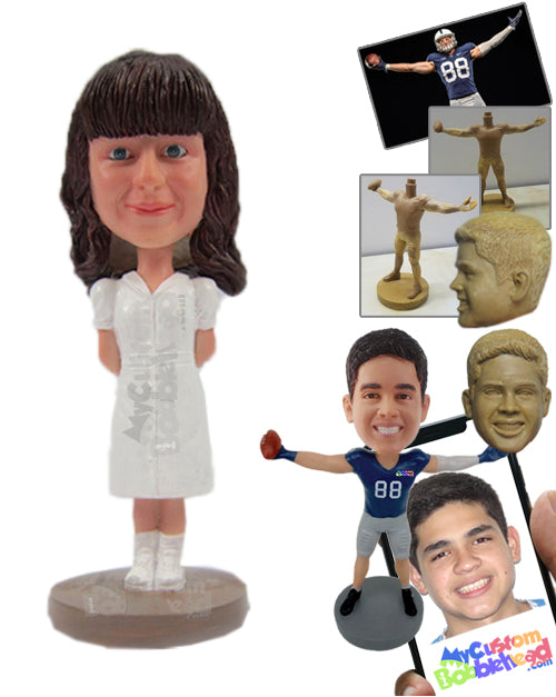 Beautiful Woman in Professional Attire with Hands Clenched Back Personalized Bobblehead