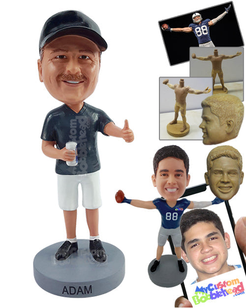 Happy Football Fan Holding a Beer Can Giving Thumbs Up for His Team, Wearing a V-neck T-shirt and Shorts Personalized Bobblehead