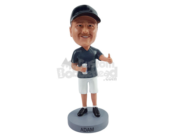 Happy Football Fan Holding a Beer Can Giving Thumbs Up for His Team, Wearing a V-neck T-shirt and Shorts Personalized Bobblehead