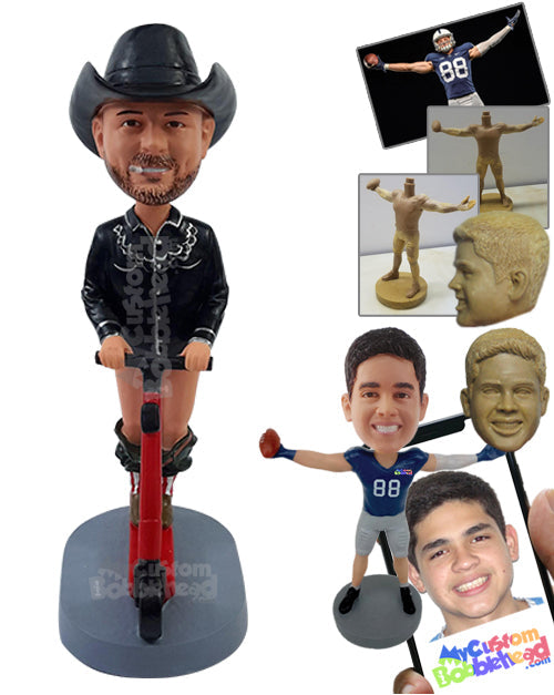 Crazy Dude Riding a Scooter Wearing a Cowboy Shirt and Pants All the Way Down with Boots Personalized Bobblehead