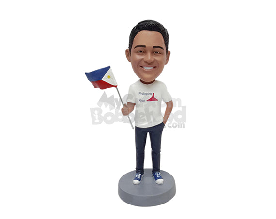 Custom Bobblehead Guy wearing a t-shirt and nice shoes holding his country's flag - Leisure & Casual Casual Males Personalized Bobblehead & Action Figure