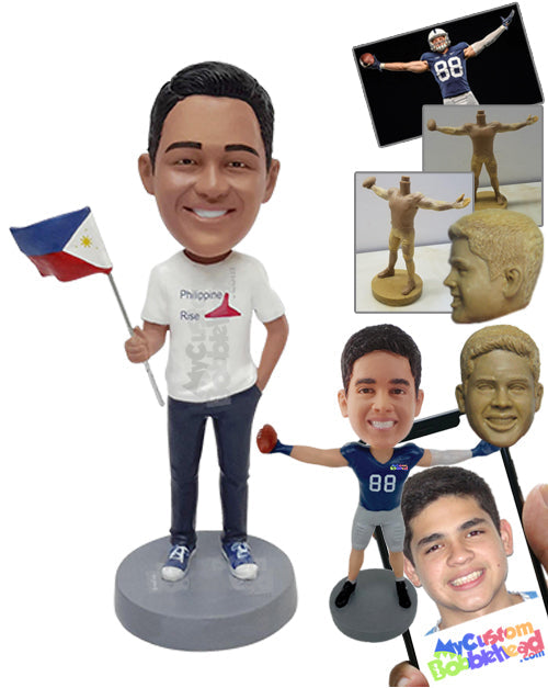 Guy Wearing a T-shirt and Nice Shoes, Holding His Country's Flag Personalized Bobblehead