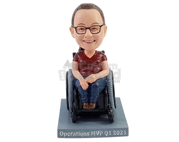 Custom Bobblehead Gorgeous girl wearing a v-neck t-shirt long pans and nice shoes sitting on a fancy wheelchair - Leisure & Casual Casual Females Personalized Bobblehead & Action Figure