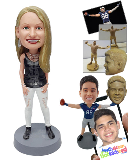 Elegant Rocking Girl Wearing a Strap Shirt and Ripped Tight Pants Personalized Bobblehead