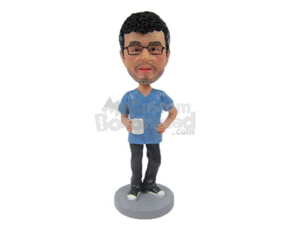 Custom Bobblehead Cool Dude With Stylish Beard Holding A Cup In One Hand - Leisure & Casual Casual Males Personalized Bobblehead & Cake Topper