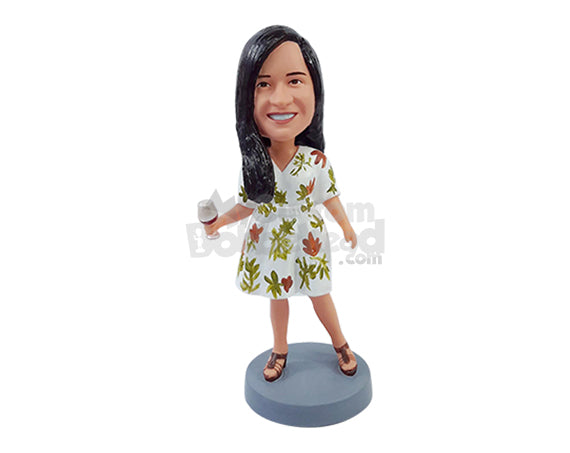 Custom Bobblehead Dashing gal wearing nice summer dress with heel sandals holding a glass of wine - Leisure & Casual Casual Females Personalized Bobblehead & Action Figure