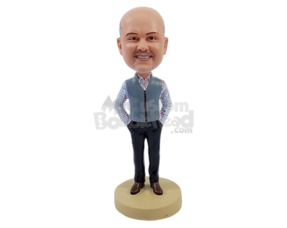 Custom Bobblehead Elegante male businessman wearing nice vest on a cold day with both hands in pockets - Leisure & Casual Casual Males Personalized Bobblehead & Action Figure