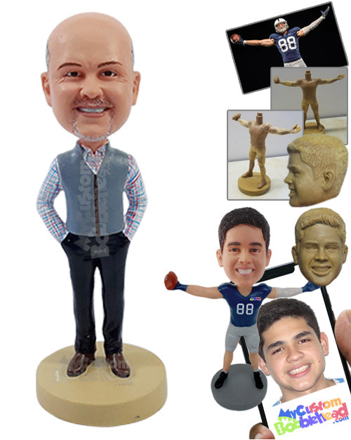 Elegant Male Businessman Wearing Nice Vest on a Cold Day with Both Hands in Pockets Personalized Bobblehead