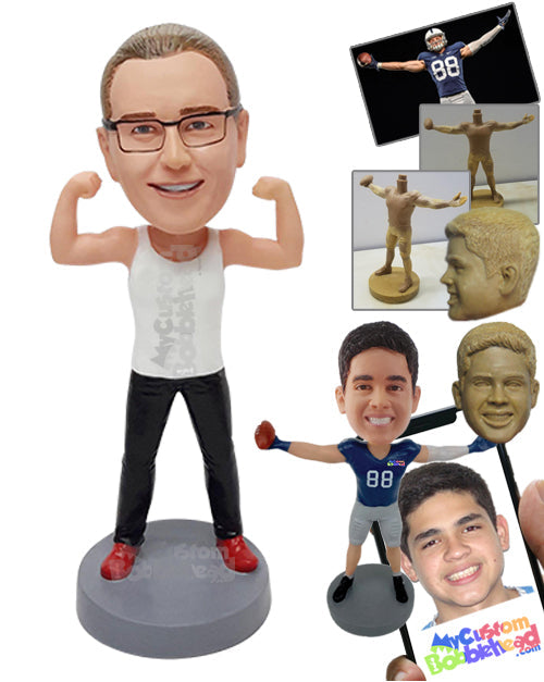 Strong looking guy wearing a tank top and gym shoes posing flexing muscles Personalized Bobblehead